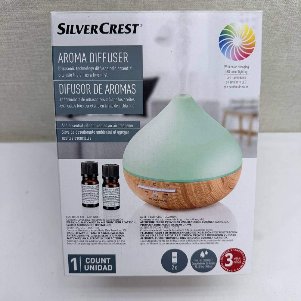 SilverCrest Ultrasonic Aroma Diffuser Wood Grain LED Color Changing New